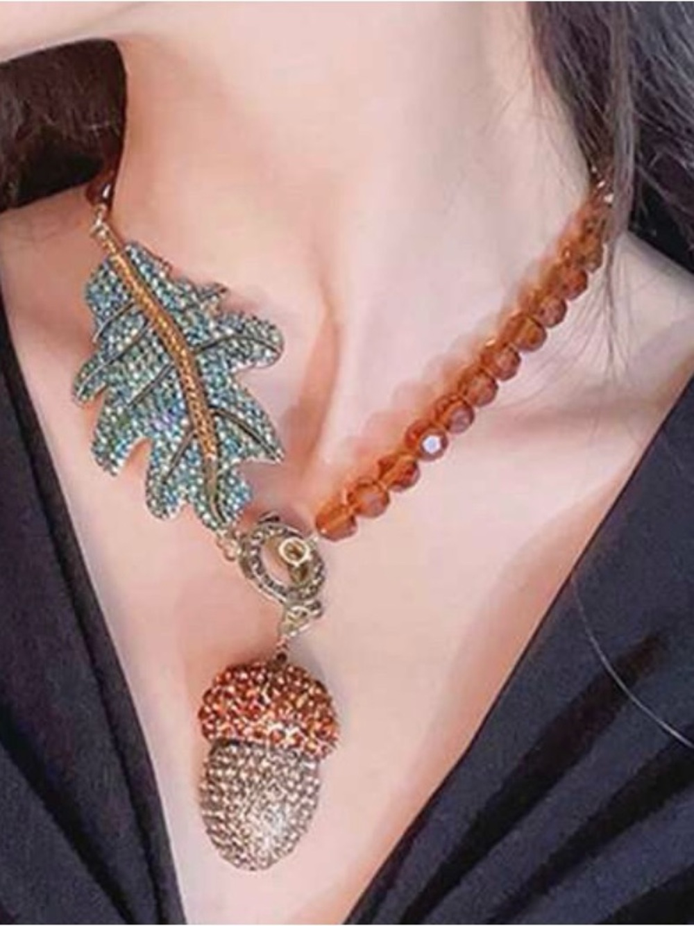 Sparkling Leaf & Acorn Statement Necklace in Amber and Teal